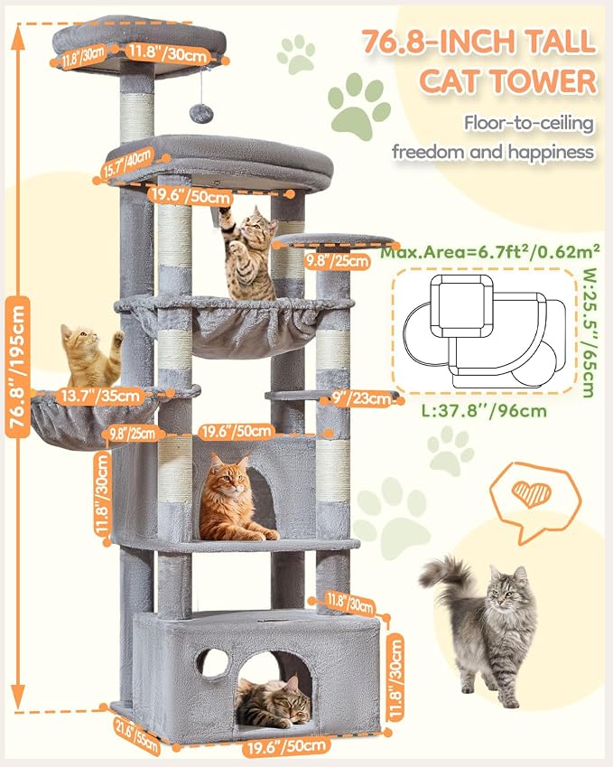 Taoqimiao 76.8in Cat Tree, Heavy Duty Tall Cat Tower for Large Cats F40W | Easy Climbing, Extra Large Sturdy Base, Multi-level Tower, 7 Scratching Posts, Large Hammock, 2 Houses, 2 Perches