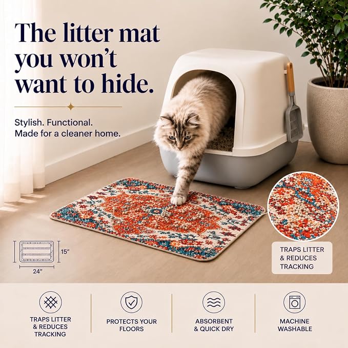 PUPIBOO Cat Litter Mat, Litter Trapping Mat, and Washable Cat Pee Pad | Cat litter box mat and cat food mat, 15x24in, 4-layer, OekoTex-, non-slip, washes up to 500 times