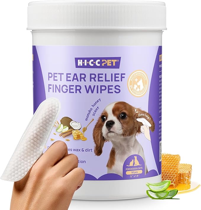 HICC PET Ear Cleaner Finger Wipes for Dogs & Cats, Clean Wax, Dirt & Odor, Soothing Itchy Ears, Gentle and Hypoallergenic Ear Cleaning Wipes for Daily Care((Honey Scent)