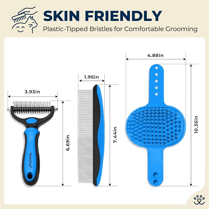 3-in-1 Pet Grooming Kit Rake Metal Comb & Bath Brush Blue | Double-Sided Dematting Undercoat Rake, Deshedding Metal Comb, Bath Brush For Dogs and Cats