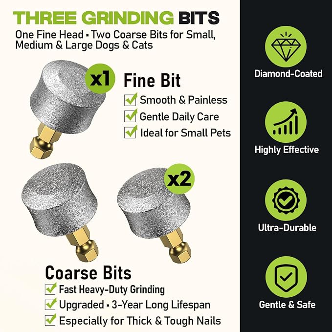 Whisper-Quiet Dog Nail Grinder, 50% More Powerful 6-Speed Pet Nail Trimmer with LED Display & 4 LED Lights, 3 Grinding Bits, No Over-Cutting, Stress-Free Grooming for Dogs, Cats & All Sensitive Pets