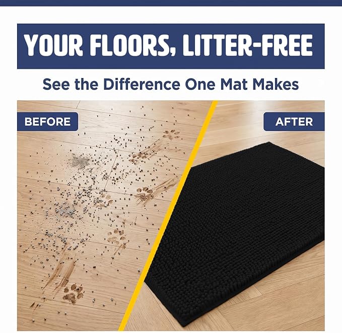 Muddy Mat® | Cat Litter Mat 19"x30", Litter Trapping Mat, Super Absorbent Scatter Control, Soft on Paws, Slip Resistant Washable Kitty Litter Mat, Traps Litter, Protects Floors, Black