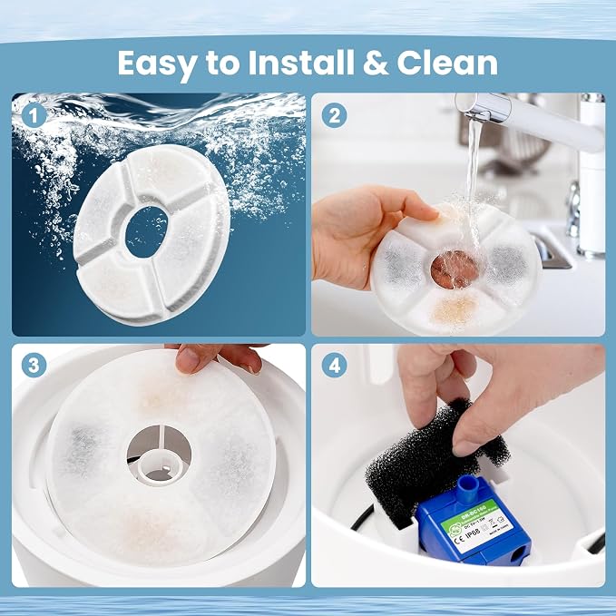 Cat Water Fountain Filter Replacement, 4 Pcs Cat Fountain Filters Dia is 5" with 3-Filtration System, Round Cats Carbon Filters Compatible with 81oz /2.4L Round Automatic Pet Fountain Water Dispenser