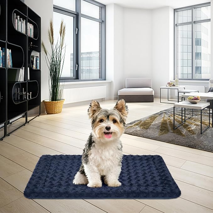 EMPSIGN Dog Crate Pad for 24"x18" Dog Crate, Plush/Canvas Navy | Reversible Kennel Mat (Cool & Warm), Machine Washable, Cozy Plush Sleeping Pad, All-Season Pet Bed