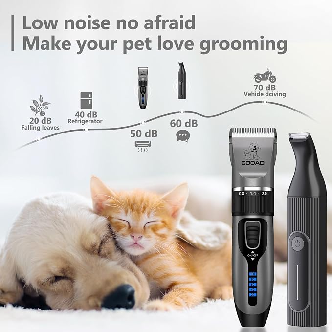 4 in 1 Dog Clippers Grooming Kit and Paw Trimmer for Thick Hair&Coats | 3-in-1 Clipper+Paw Trimmer+Nail Grinder, <60dB Quiet, Cordless,LED Display, 4 Guide Combs, Detachable Titanium-Ceramic Blade