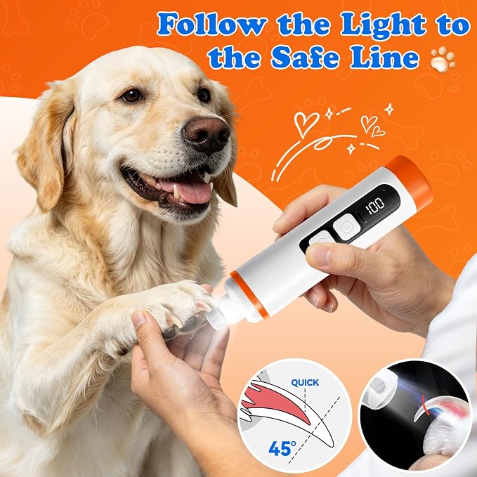 Dog Nail Grinder with LED Light – Quiet & Safe Pet Nail Trimmer for Small Medium Large Dogs & Cats, Cordless & Rechargeable, Low Noise Dog Nail Care for Beginners