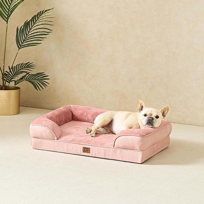 EHEYCIGA Orthopedic Dog Beds for Large Dogs, Waterproof Memory Foam Large Dog Bed with Sides, Non-Slip Bottom and Egg-Crate Foam Pet Couch Bed with Washable Removable Cover, Dusty Pink，35x22