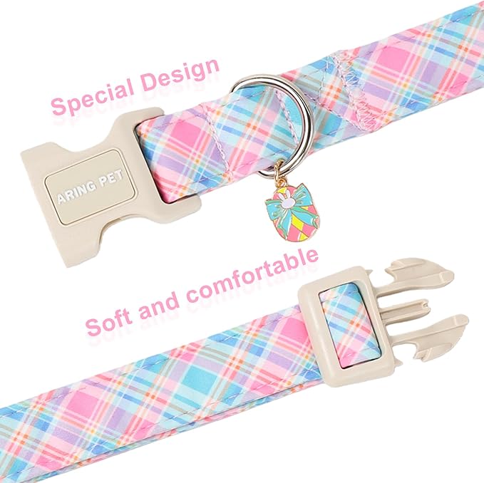 ARING PET Easter Dog Collar, Cute Colorful Plaid Stripe Girl Doggy Collars with Quick Release Buckle for Puppy Small Medium Large Dogs-L