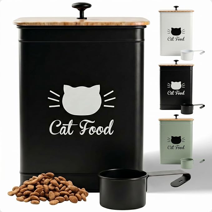 Cat Food Container with Scoop 5-7 lb (25 Cup), with Airtight Bamboo Lid | Cat Kibble Canister with Metal Scoop, 25 Cups, Chew Proof Iron Body, Powder Coated, Airtight Bamboo Lid, Sturdy Metal Handle