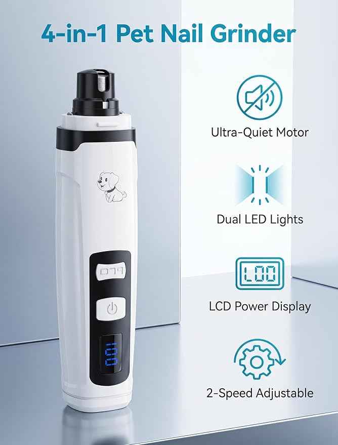Quiet Dog Nail Grinder, 2-Speed with Light | Quiet <45dB, Dual LED Lights, 6H Battery, 3 Ports + 2 Speeds, For Dogs & Cats, USB Rechargeable, Gift for Pet Lovers