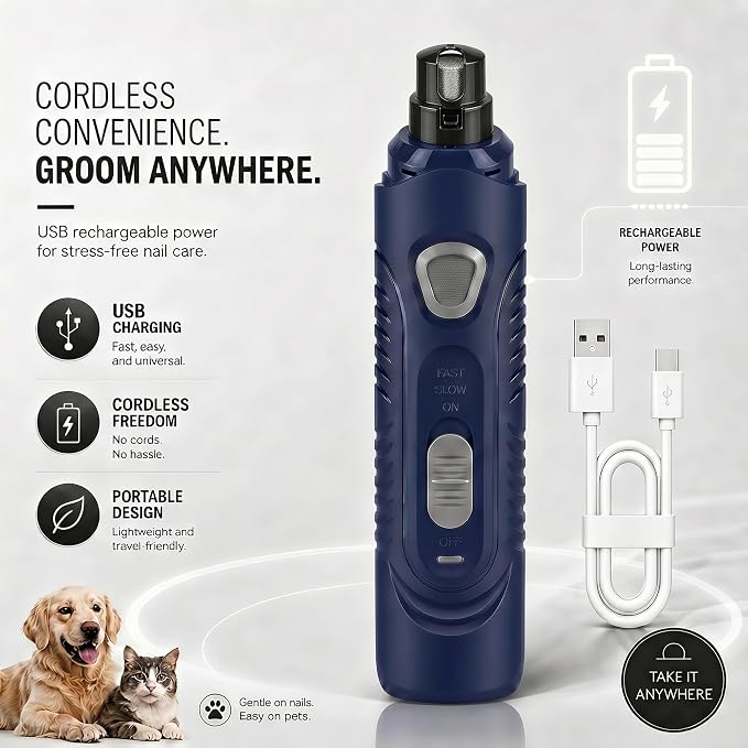 Pet Nail Grinder for Dogs and Cats, 2-Speed Electric Dog Nail Trimmer, Extral Steel Pet Nail Clipper, Rechargeable 2000mAh Nail Grinder for Small Medium Large Dogs with 2 LED Lights, Blue