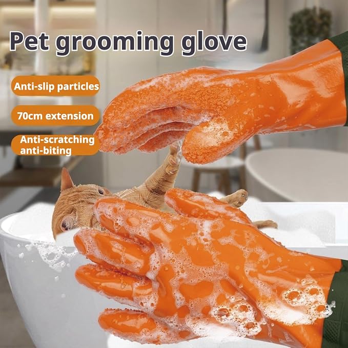 YOFANG Pet Grooming Gloves for Washing Dogs & Cats, 27.6" Extra Long Waterproof Rubber Bath Gloves, Anti-Bite Anti-Scratch Hair Removal Cat Bath Glove with Soft 3500+ Particles, Orange/Green