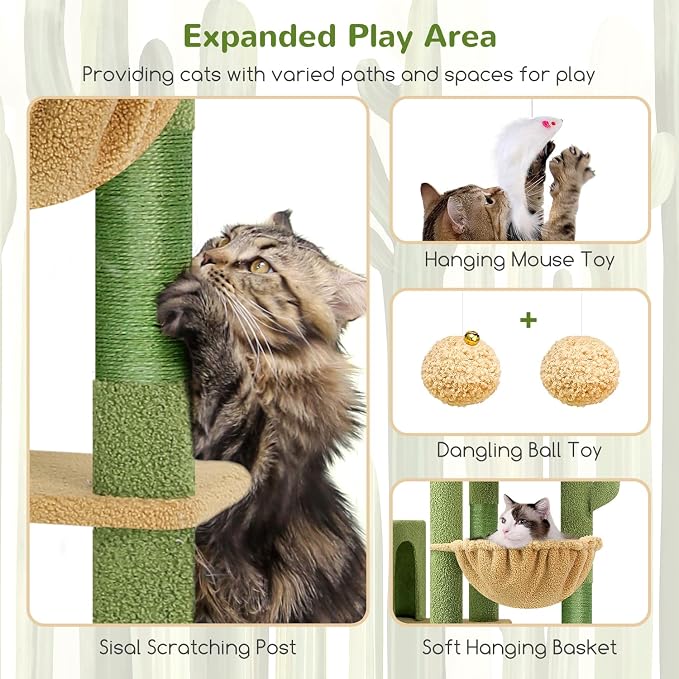 Globlazer Cactus Giant Cat Tree for Indoor Large Cats, 83in, F83, Green | XXL Cat Tower with 9 Scratching Posts for 20lb+ Heavy Duty Large Adult Cats