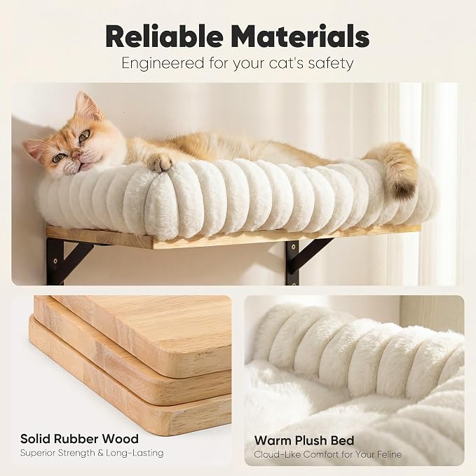 FUKUMARU Cat Wall Shelves, Cat Walls Furniture with Soft Bed, Solid Rubber Wood Floating Shelf, Kitten Window Perch for Sleeping, Playing and Scratching