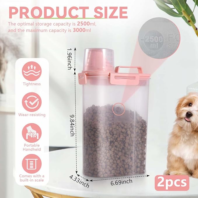SenseYo 2 Pack 2.5lb Pet Food Storage Container with Measuring Cup, 3L Cat Food Storage Container Dog Food Storage BPA Free for Small Dog, Cat, Bird (Pink)