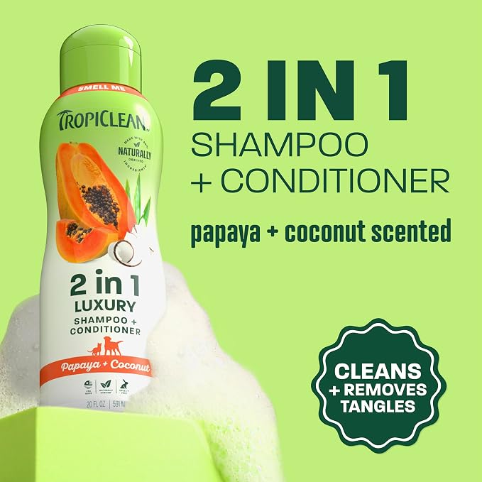 TropiClean 2-in-1 Dog Shampoo and Conditioner, Papaya Scent, 20oz | Moisturizing Detangler | Papaya Scent | Puppy, Cat & Kitten Safe | Made in USA