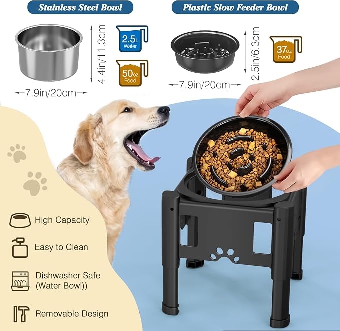 Lewondr Elevated Dog Water Bowl No Spill with 3 Heights Adjustable Stand | Water & Slow Feeder Bowls, Adjustable Dog Slow Feeder Bowl Non-Slip Dog Bowl Stand for Medium Large Breed
