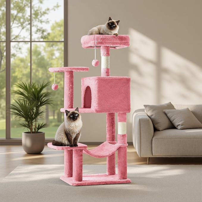 44 Inch Small Cat Tree Tower for Indoor Cats and Kittens | Multi-Level Cat Climbing Tower with Natural Sisal Scratching Post and Hammock, Pet Condo, Pink