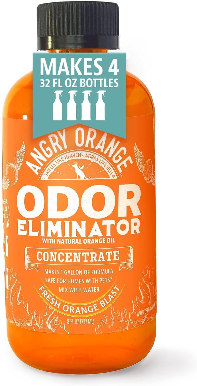 Angry Orange Pet Odor Eliminator 8 oz. bottle- Industrial Strength Pet Odor Remover - Makes (4) 32oz. Bottles - 1 Gallon - Neutralizes and Sanitizes Tough Pet Odors Fast