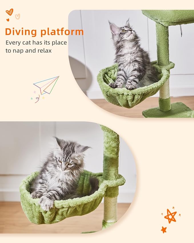 Taoqimiao Cat Tree, 38.5In Cat Tower for Indoor Cats, Suitable for Kittens | Thick Padded Top Perch, Luxurious Cat Condo, Adjustable Basket, 1-Piece Ramp Scratcher, 3 Sisal Posts, Green, MS029SGR