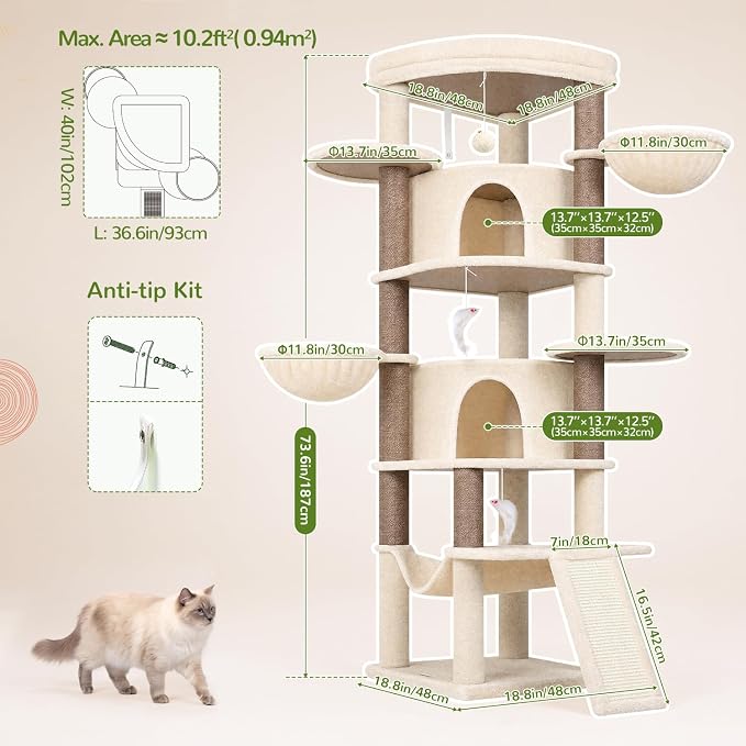 Globlazer 73in Corner Stable Cat Tree for Indoor Cats, C73, Beige | Space-Saving Multi-Level Climbing Tower, Large Fan-Shaped Condos & Top Perch, 8 Full-Sisal Posts & Board, Metal Baskets