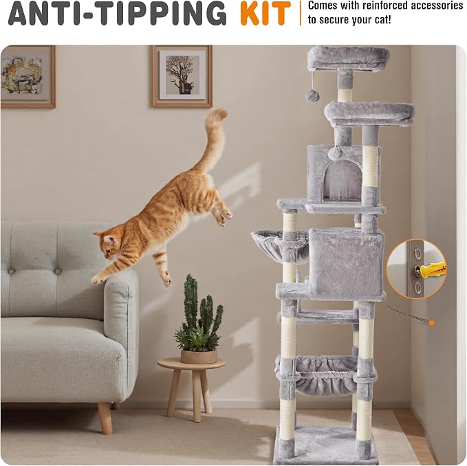 71 Inch Large Cat Tree Tower with Sisal Scratching Post | Multi-Level Cat Climbing Tower with Hammock, Pet Condo for Indoor Cats and Kittens, Light Grey