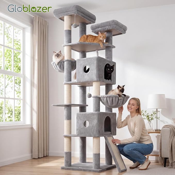 Globlazer 84in Extra Tall Cat Tree Tower for Indoor Large Cats 20lbs, F84G | Multi-Level Big Climbing Tower, 7 Scratching Post & Board, Cat Condos with Pad, 2 Soft Perches, 2 Sturdy Baskets, Light Grey