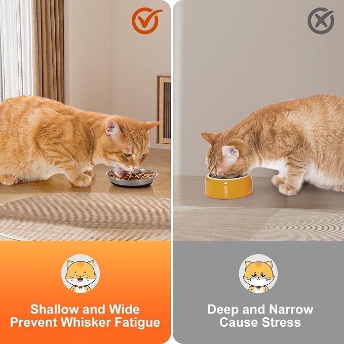 4 Pcs Whisker Friendly Cat Bowls, 304 Stainless Steel Food Water Bowls with Non-Slip Silicone Base, Dishwasher Safe Shallow Bowls for Cats Kittens Small Dogs, Indoor Outdoor Use