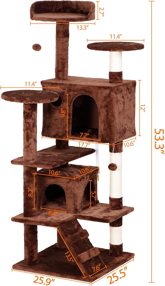ZENY 53 inches Cat Tree with Sisal-Covered Scratching Posts and 2 Plush Rooms Cat Furniture for Kittens (Brown)