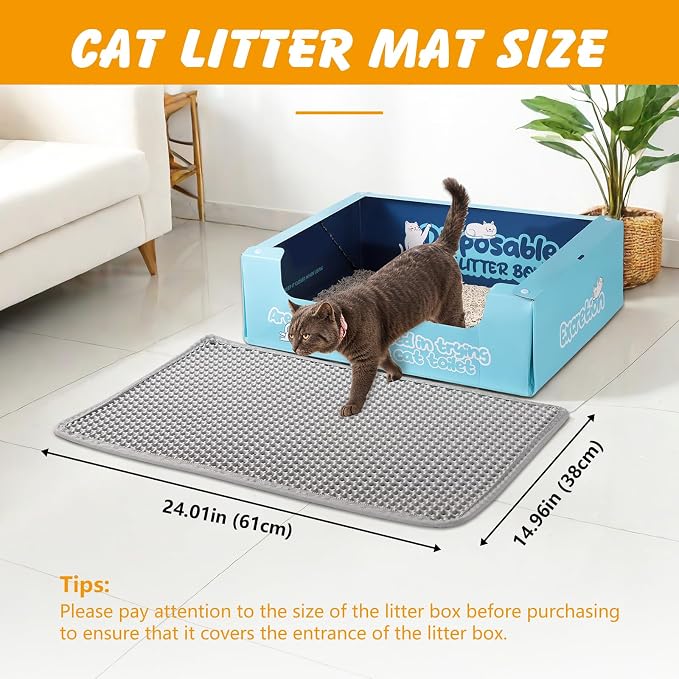 ondware Cat Litter Mat 24 x 15 in, Double Layer, Waterproof, Gray | Honeycomb EVA litter trapper, urine-proof non-slip base, soft on paws, easy shake or rinse clean