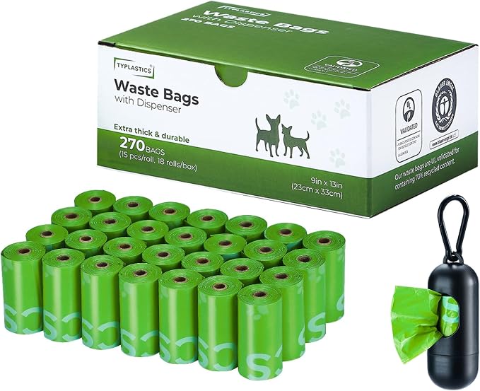 TYPLASTICS Dog Poop Bags Rolls 270 Count, 13"x 9", Unscented, 18 Pack of 15 | Pet Waste Bags, with Dispenser, Lime Green, Unscented