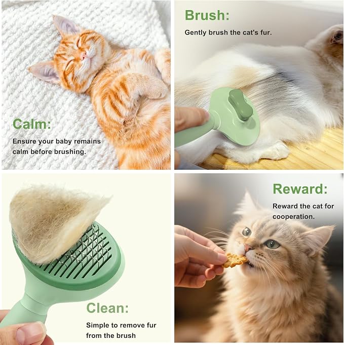 Cat Brush for Shedding, Self Cleaning Brush for Long & Short Hair Cats | For Indoor Cats,Removes Loose Hair,Reduces Shedding,Soft Rounded Tips,Ergonomic Silicone Handle,Gentle Massage,Easy Grooming