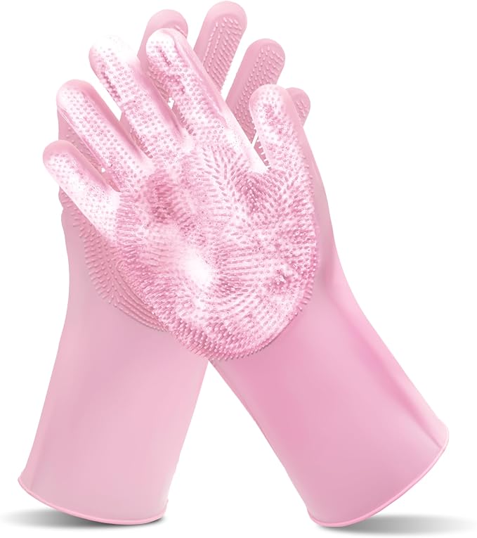 Pet Grooming Gloves—Dog Washing Gloves with High-Density Teeth | Dog Bath Scrubber with Enhanced Five Finger Design, Silicone Gloves for Dogs and Cats Bathing, Massage (Pink)