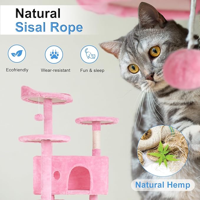 FDW | 54" Cat Tree Tower | Pink | Multi-Level Indoor Activity Center | with Sisal Scratching Posts, Condos, Plush Perches, Hanging Cat Toys | Sturdy, Easy to Assemble | for Kittens & Adult Cats