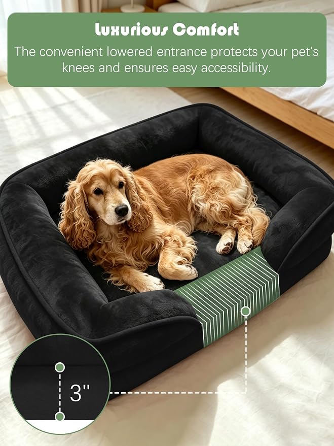 Spotted Play Orthopedic Dog Bed with Sides - Sofa Beds for Large Dogs, Supportive Foam Pet Couch Bed with Washable Removable Cover, Waterproof Lining and Non-Slip Bottom, Black - L