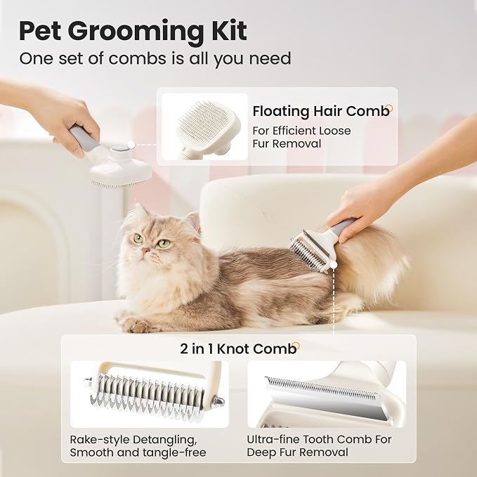 Potaroma Dog Cat Grooming Brush 2 Pack, Deshedding Rake & Slicker Comb | One Click Self Cleaning, Dematting & Undercoat Tool, Gentle Pins for Long or Short Haired Pets, Puppy to Large Breeds, Grey