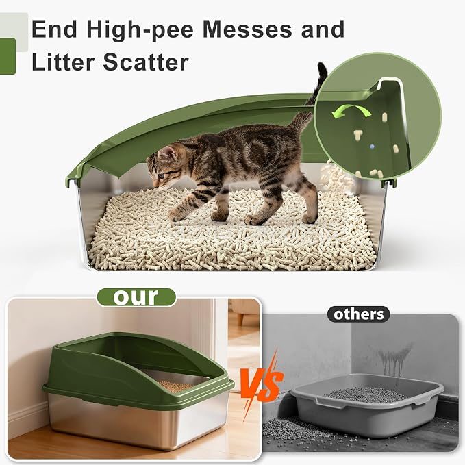 AIPERRO Stainless Steel Litter Box | XL Enclosed Metal Cat Litter Boxes | High Sided with Lid for Big Cats | Anti-Urine Leakage | Non-Stick Bottom & Includes Litter Mat & Metal Scoop (Olive Green)