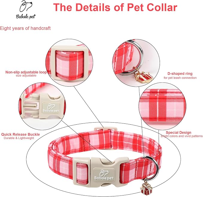 Plaid Dog Collar - Cute Red and Pink Plaid Puppy Collar with Safety Buckle, Soft Adjustable Holiday Dog Collars for Small Medium Large Dogs L