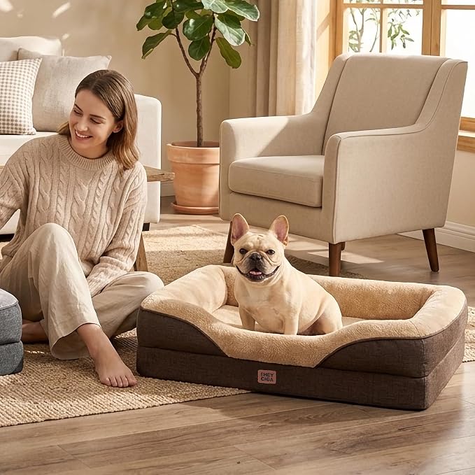 EHEYCIGA Orthopedic Dog Bed for Large Sized Dog, 41x27 Inch Large Memory Foam Dog Couch Bed with Sides, Waterproof Liner & Washable Removable Cover, Bolster Pet Sofa, Brown