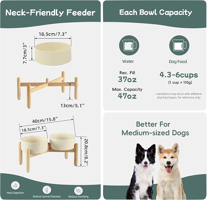 Havniva 7.3inch Ceramic Raised Dog Bowl with Stand, Double Dog Bowls Elevated for Medium Breed Dog Food and Water Bowl Set Non-Slip Dog Dish Large Capacity Feeding Pet Water Bowl
