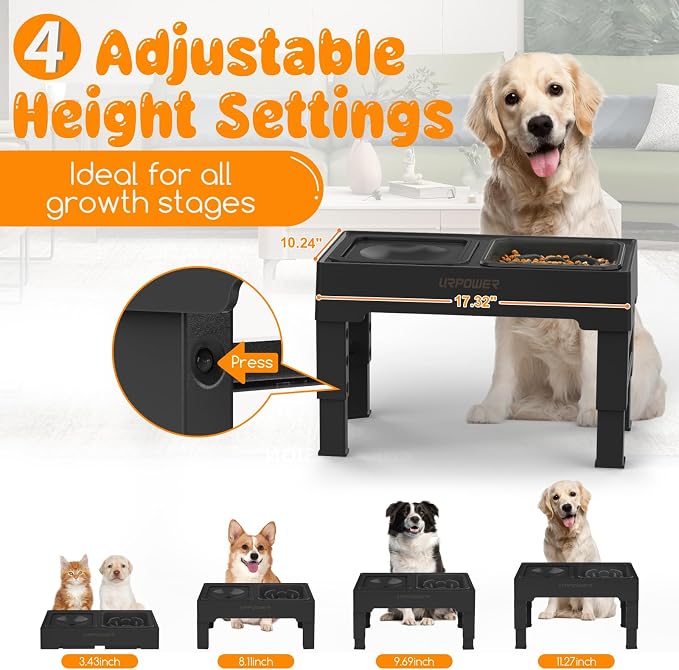 URPOWER 2-in-1 Elevated Slow Feeder Dog Bowls with No-Spill Water Bowl | 4 Height-Adjustable Raised Dog Bowls, Non-Slip Food and Water Bowls with Stand for Small, Medium, Large Dogs, Cats and Pets