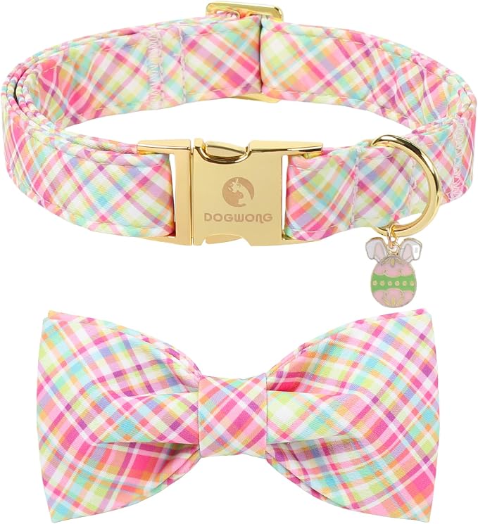 DOGWONG Easer Dog Collar with Bow,Colorful Plaid Dog Collar, Adjustable Durable Soft Easter Dog Collars for Male Female Puppy,XS