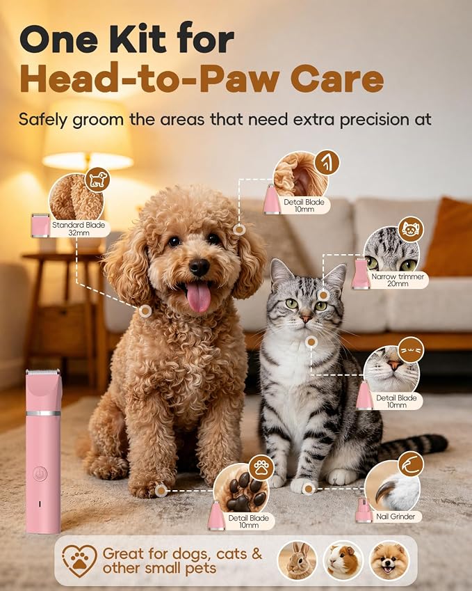Veeconn 4 in 1 Dog Clippers Grooming Kit with Paw Hair Trimmer for Cat Pet | Low Noise, 7500RPM Powerful, IPX7 Waterproof, Safe & Easy for Beginners, 4 Guide Combs, Cordless Dog Nail Grinder (Pink)