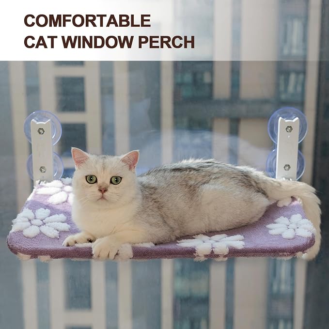 Cute Cat Window Perch, Foldable Cat Window Hammock, Purple | Cordless Window Seat Bed for Indoor Cats, 3D Textured Flower Cover, Strong Suction Cups