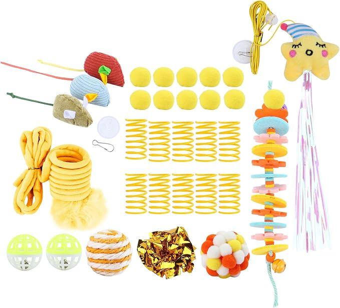 Geila Interactive Cat Toys Bundle – 31 Piece Kitten Cat Toy Set with Door Hanging Teaser, Bell, Fuzzy Balls, Springs, Teething Stick & Catnip Mouse – Fun Indoor Play for Cats & Kittens (Yellow)