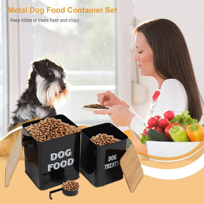 Pethiy Dog Food and Treats storage tin Containers Set with Scoop for Dogs-Tight Fitting Wood Lids-Coated Carbon Steel-Storage Canister Tins-Black