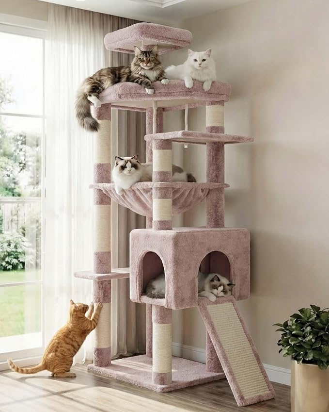 Heybly 64.2" Heavy-Duty Cat Tree for Large Cats with Wide Base HCT027MU | Indoor Cat Tower with Scratching Posts & Board, Cat Furniture with Big Platforms, Extra-Large Hammock, Rosy Brown