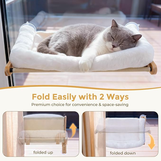 Pecute Foldable Cat Window Perch, Cloud-Soft Cat Bed with Wood Frame, 26" L | Solid Wood, Strong Suction Cup, Washable Cushion, Sided Bolster, Large Cat Hammock Indoor for Sunbathing, Bird Watching