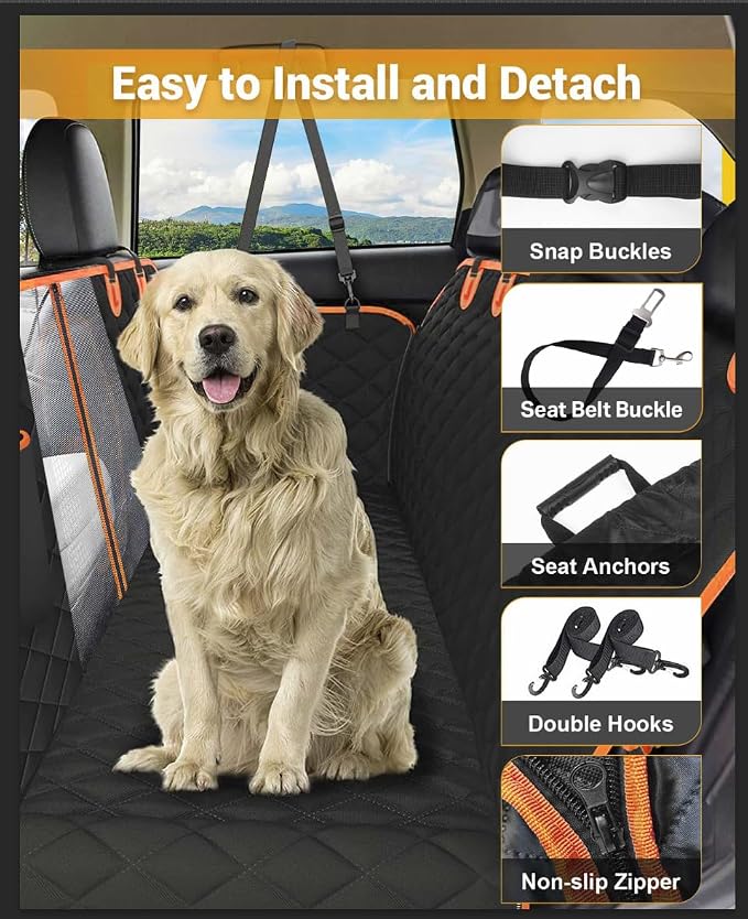 Dog Car Seat Cover, 600D Heavy Durable Dog Seat Cover for Back Seat, 100% Waterproof Scratch Proof Nonslip Dog Hammock for Car with Side Flap, Pet Seat Covers with SeatBelt for Cars Sedan SUV Trucks