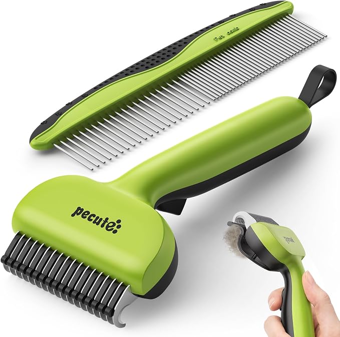 Pecute Self-Cleaning Undercoat Rake for Dogs Cats with Thick Double Coats | 1-click clean, 304SS, 18 rounded teeth, For seasonal heavy shedding & matting, Gentle on pets, Ideal for long/dense coats